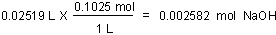 (0.02519 L) (0.1025 mol / L) = 0.002582 mol NaOH