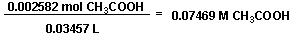 (0.002582 mol CH3COOH / 0.03457 L) = 0.07469 M