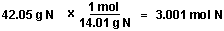 (42.05 g N) (1 mol/ 14.01 g N) = 3.001 mol N