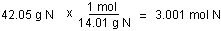 (42.05 g N) (1 mol/ 14.01 g N) = 3.001 mol N